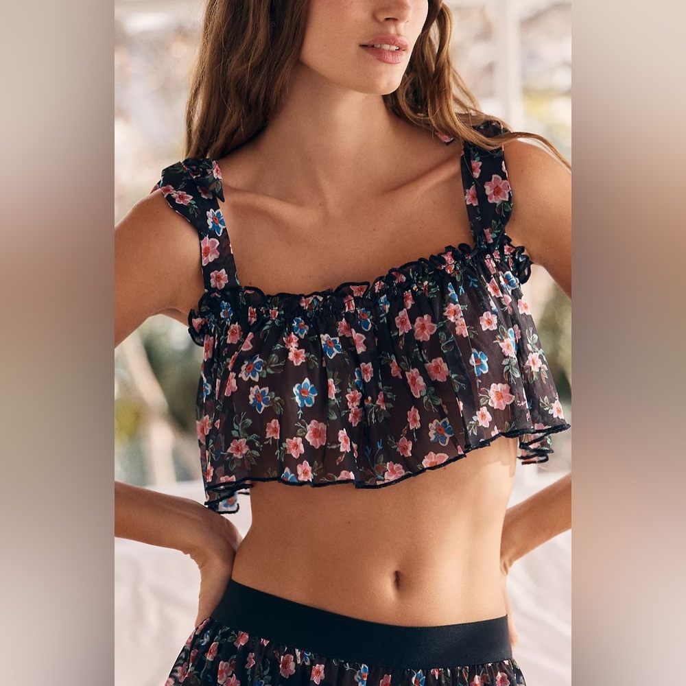 Anthropologie Lyrebird Floral Black Ruffle Tie-Shoulder Bralette Medium Romantic
